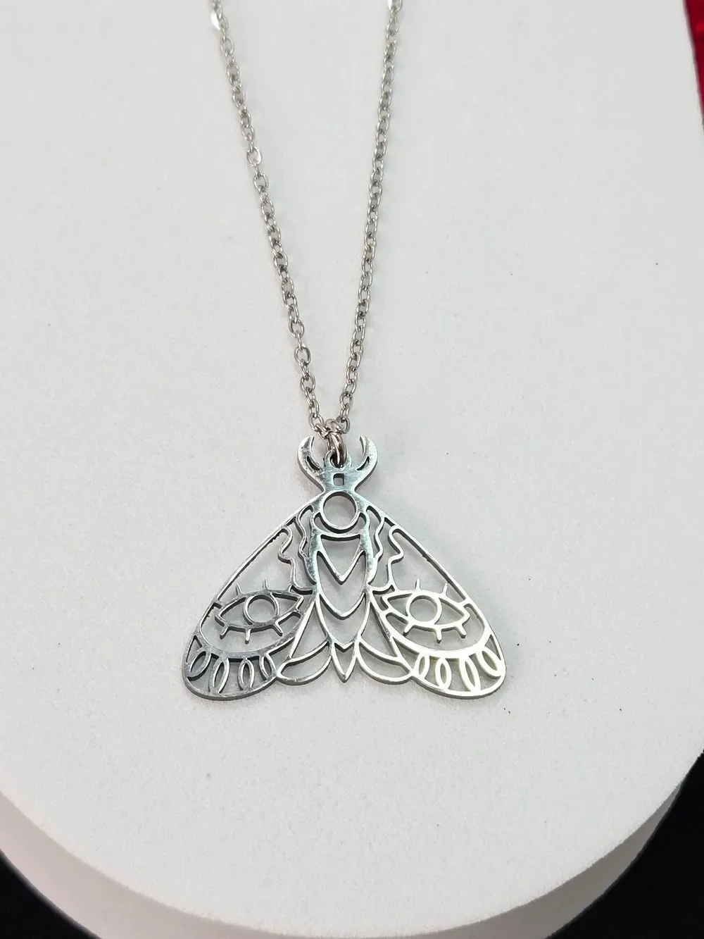 Silver Filigree Moth Necklace Stainless Steel Evil Eye Celestial Nature Pendant
